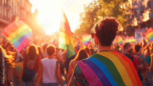Crowd celebrating pride day at a rally with rainbow flags, LGBTQ+ flags, rainbow colors, heart signs, raised arms, crowd celebration
