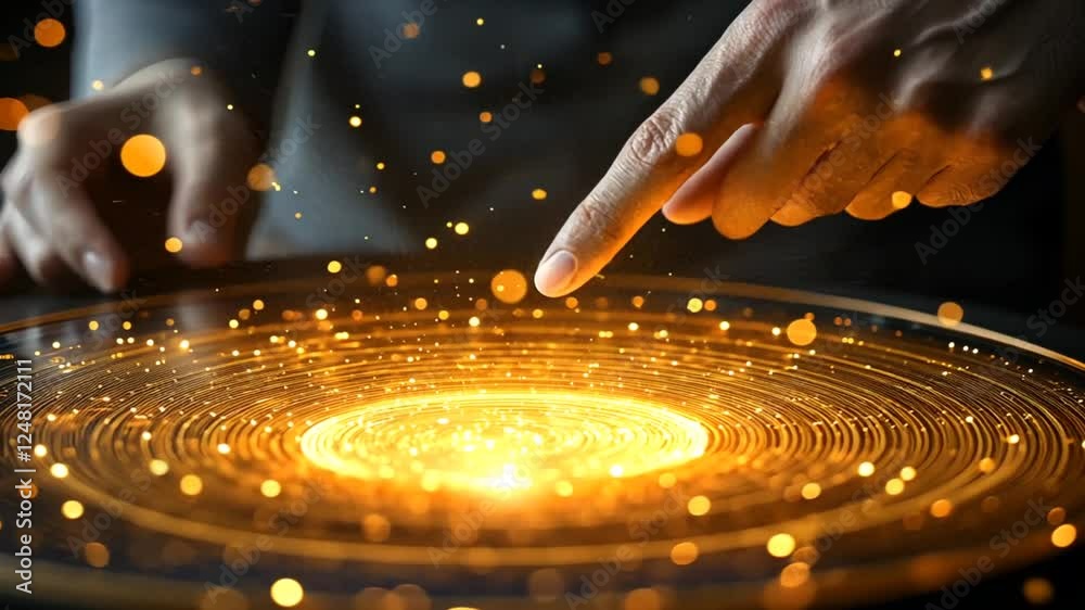 Hand interacting with a luminous, swirling energy field. Hand interacting with a luminous, swirling energy field.