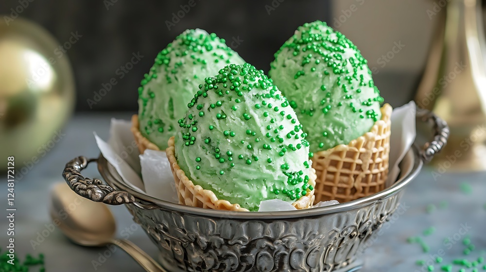 Macadamia sprinkles and emerald tea frozen cones in a metal dish