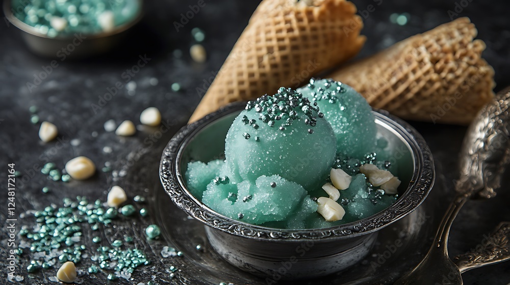 Macadamia sprinkles and emerald tea frozen cones in a metal dish
