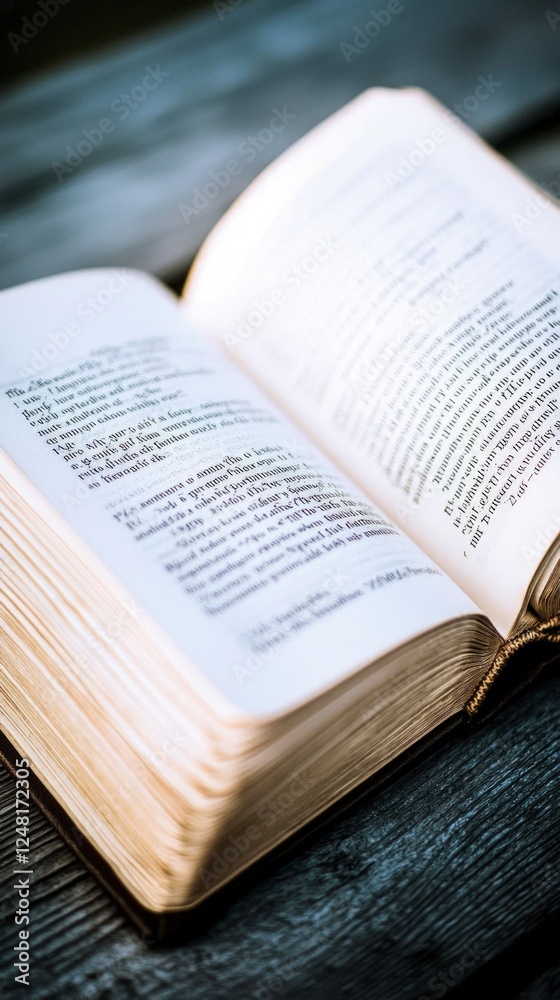 Fototapeta premium Closeup Of Open Antique Book With Aged Pages And Vintage Text