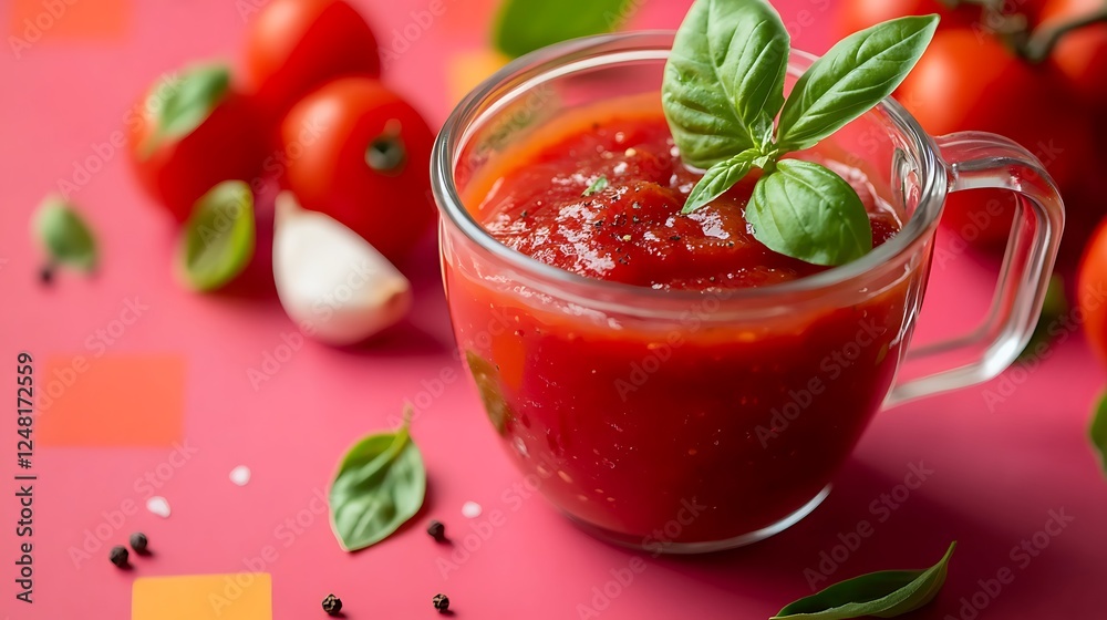 Making home made ketchup with peeled tomatoes basil leaves garlic salt and pepper soft focus close up in a plastic mixer mug isolated on a colorful background