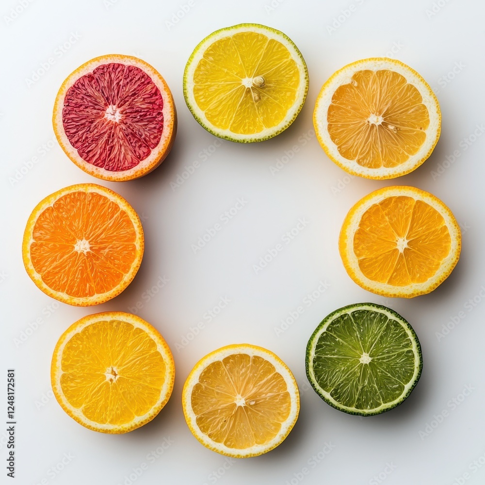 Colorful Citrus Fruit Arrangement on White Background Displaying Freshness Colorful Citrus Fruit Arrangement on White Background Displaying Freshness
