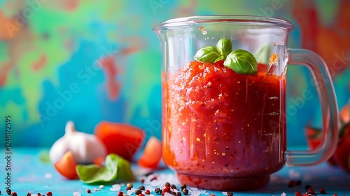 Obraz na płótnie Making home made ketchup with peeled tomatoes basil leaves garlic salt and pepper soft focus close up in a plastic mixer mug isolated on a colorful background w salonie