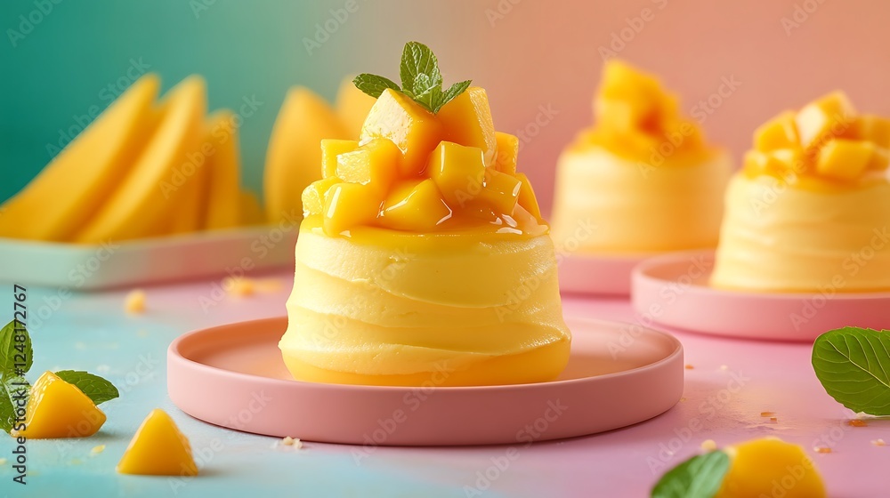 Mango mousse with fresh mango and mango puree isolated on a colorful background