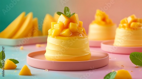 Obraz na płótnie Mango mousse with fresh mango and mango puree isolated on a colorful background w salonie