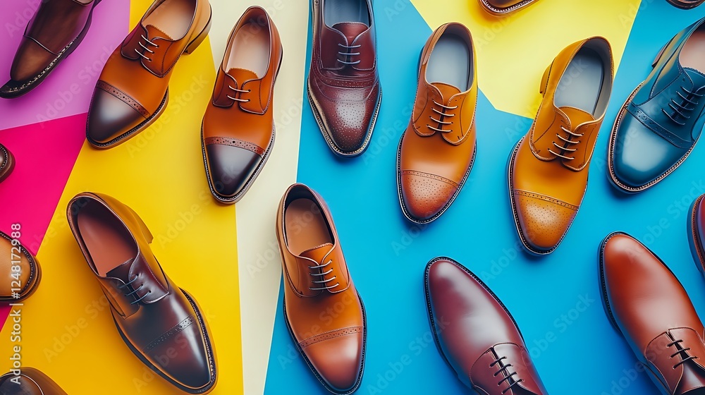 Many different shoes from natural leather in the street market isolated on a colorful background