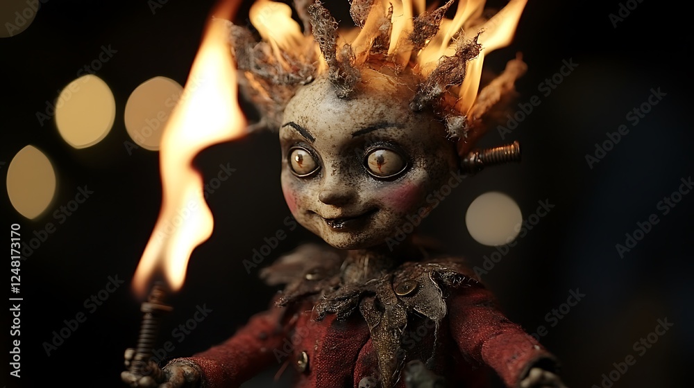 Medieval sorcery doll adorned of flames screws and signs of cursed power