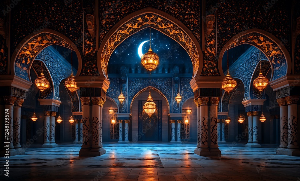 Obraz premium Illuminated archways with ornate lanterns in serene hall and crescent moon against blue backdrop