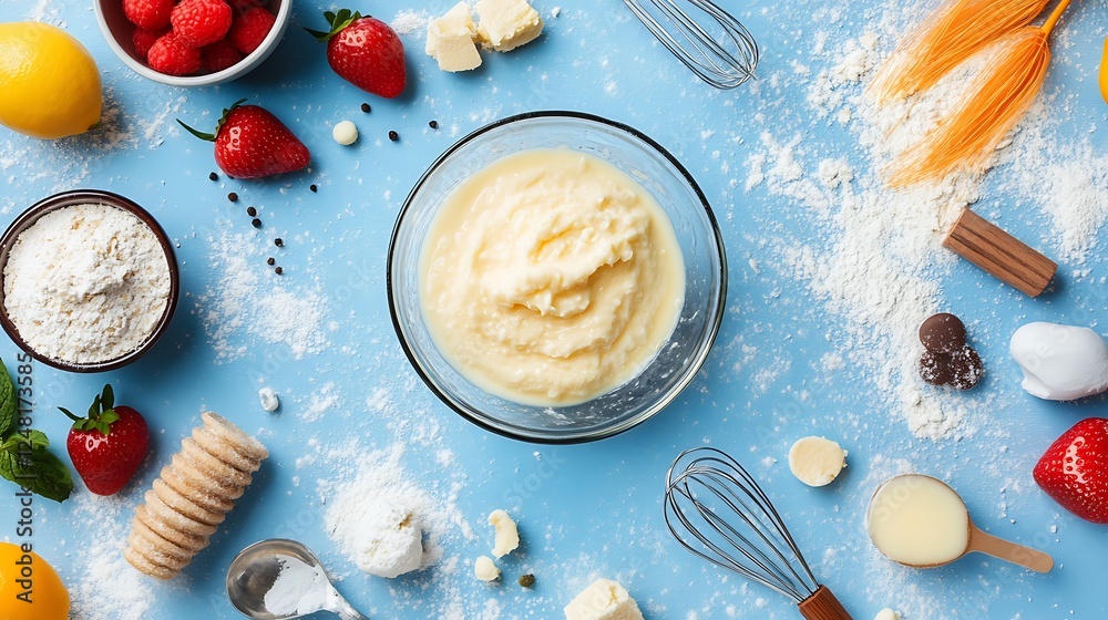 Mixing vanilla pudding with ingredients on rustic table flat lay isolated on a colorful background