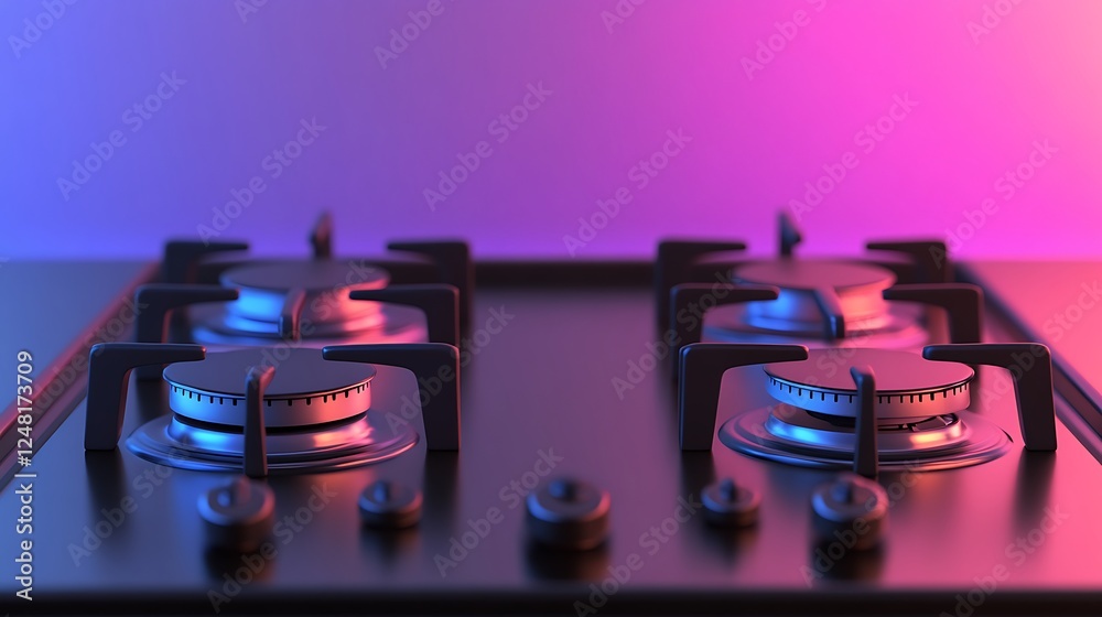 Modern and fashionable five ring gas cooking hob isolated on a colorful background