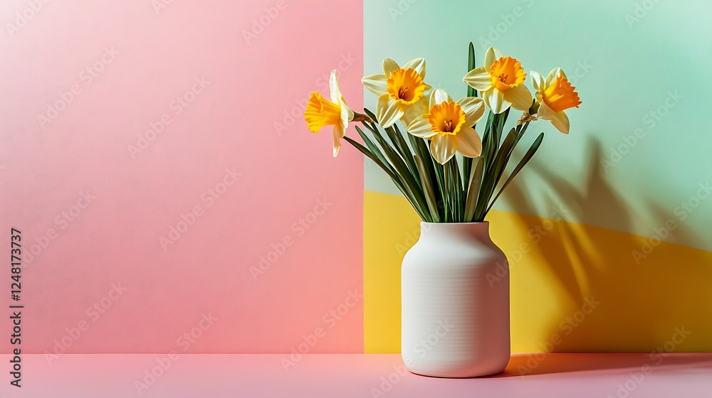 Modern cedar vase with daffodils and shortbread isolated on a colorful background