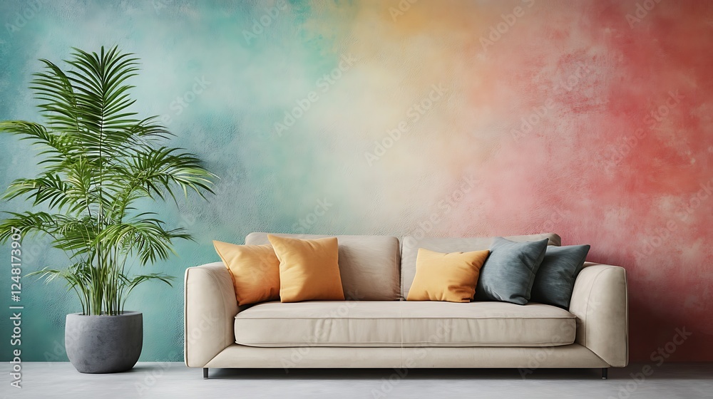 Modern interior design of apartment living room with beige sofa over the light stucco wall isolated on a colorful background