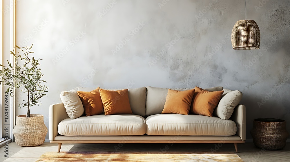 Modern interior design of apartment living room with beige sofa over the light stucco wall isolated on a colorful background
