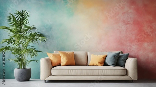 Obraz na płótnie Modern interior design of apartment living room with beige sofa over the light stucco wall isolated on a colorful background w salonie