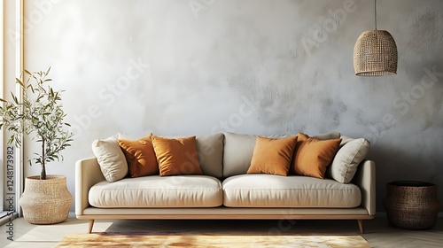 Obraz na płótnie Modern interior design of apartment living room with beige sofa over the light stucco wall isolated on a colorful background w salonie