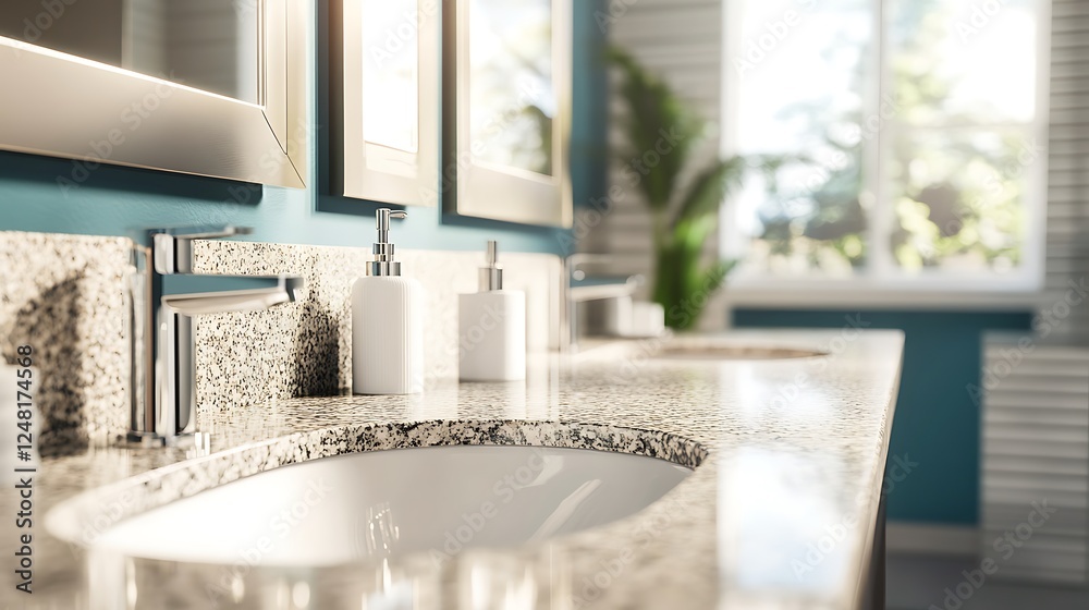 Modern new construction home house bathroom with granite countertops and a tile floor and double sinks isolated on a colorful background