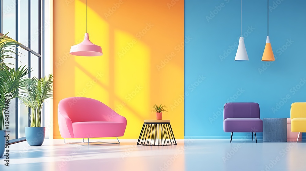 Modern office space without people isolated on a colorful background