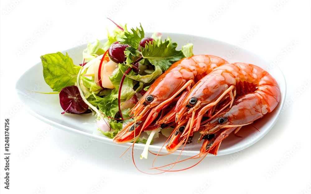Boiled king prawns with salad on white background Boiled king prawns with salad on white background