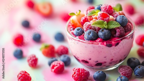 Obraz na płótnie Mousse of mixed berries isolated on a colorful background w salonie