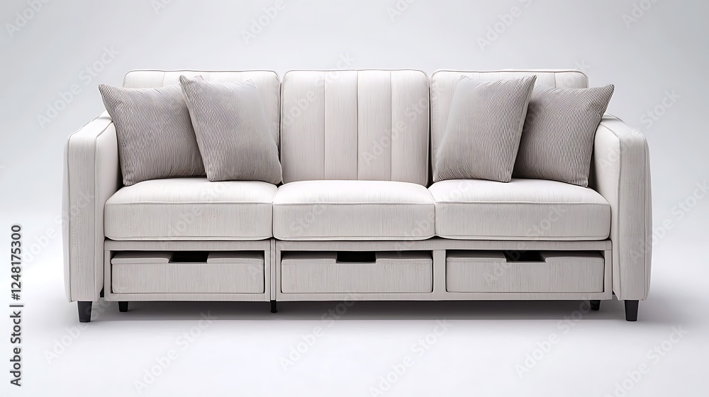 A stylish white sofa with striped cushions, featuring hidden storage drawers underneath for a modern and functional living space. A stylish white sofa with striped cushions, featuring hidden storage drawers underneath for a modern and functional living space.