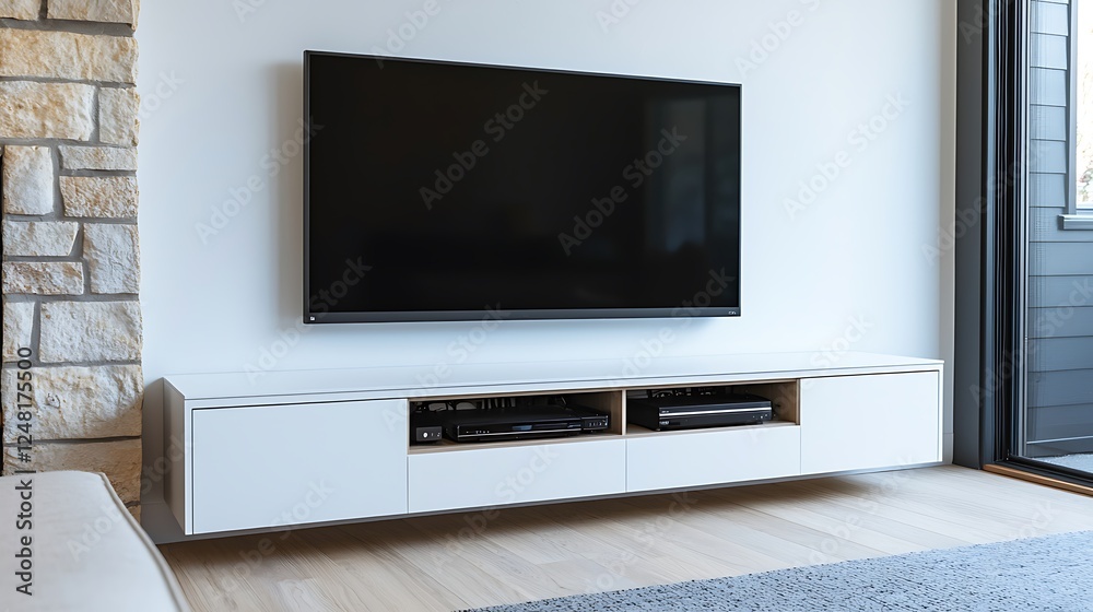 A sleek, modern living room with a wall-mounted TV above a stylish white media console, featuring natural stone accents and large windows. A sleek, modern living room with a wall-mounted TV above a stylish white media console, featuring natural stone accents and large windows.