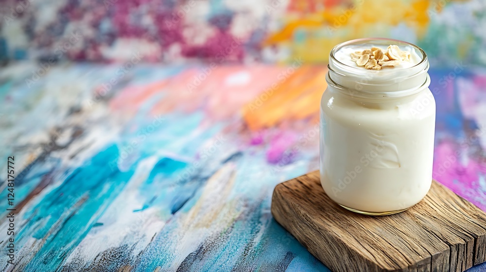 Natural homemade yogurt in a glass jar on a wooden board isolated on a colorful background