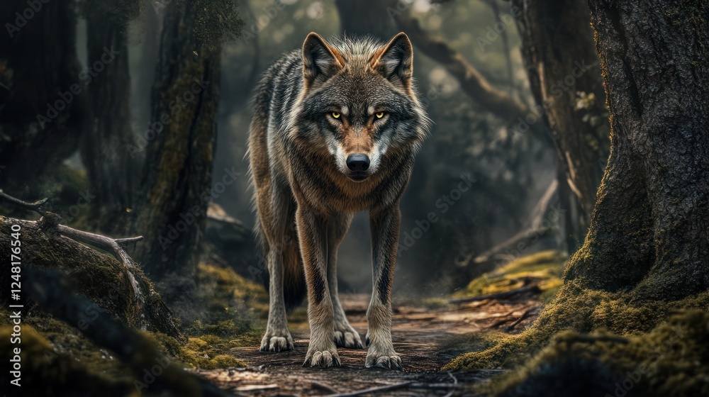 Majestic wolf stares in dark forest path. Wildlife, nature photography for posters Majestic wolf stares in dark forest path. Wildlife, nature photography for posters