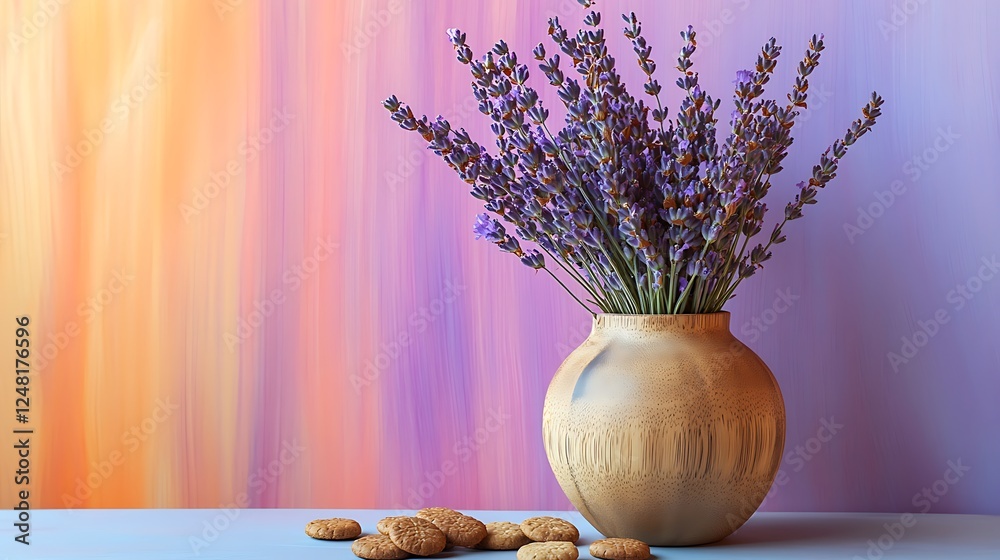 Oak vase with lavender flowers with ginger snaps isolated on a colorful background