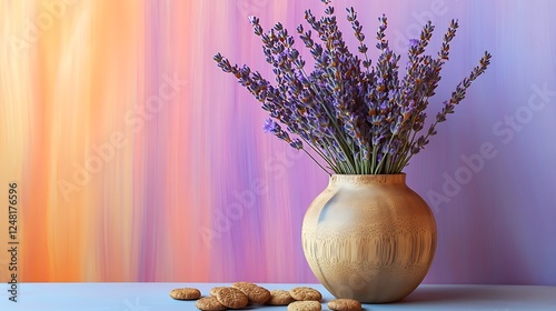 Obraz na płótnie Oak vase with lavender flowers with ginger snaps isolated on a colorful background w salonie