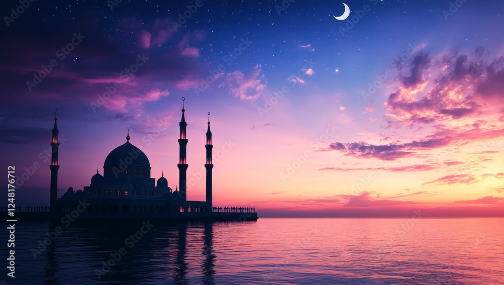 Fototapeta premium Silhouette of a mosque at sunset with crescent moon.