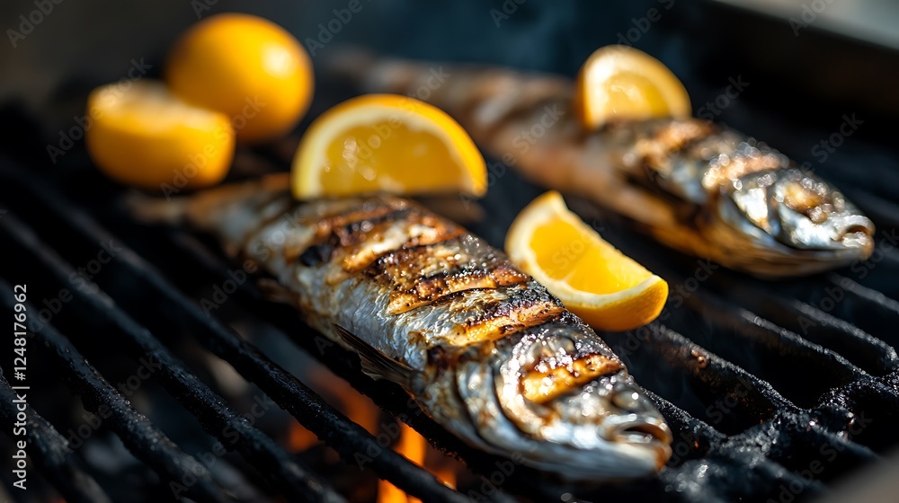 Ocean bass fish grilled with wedges of citrus