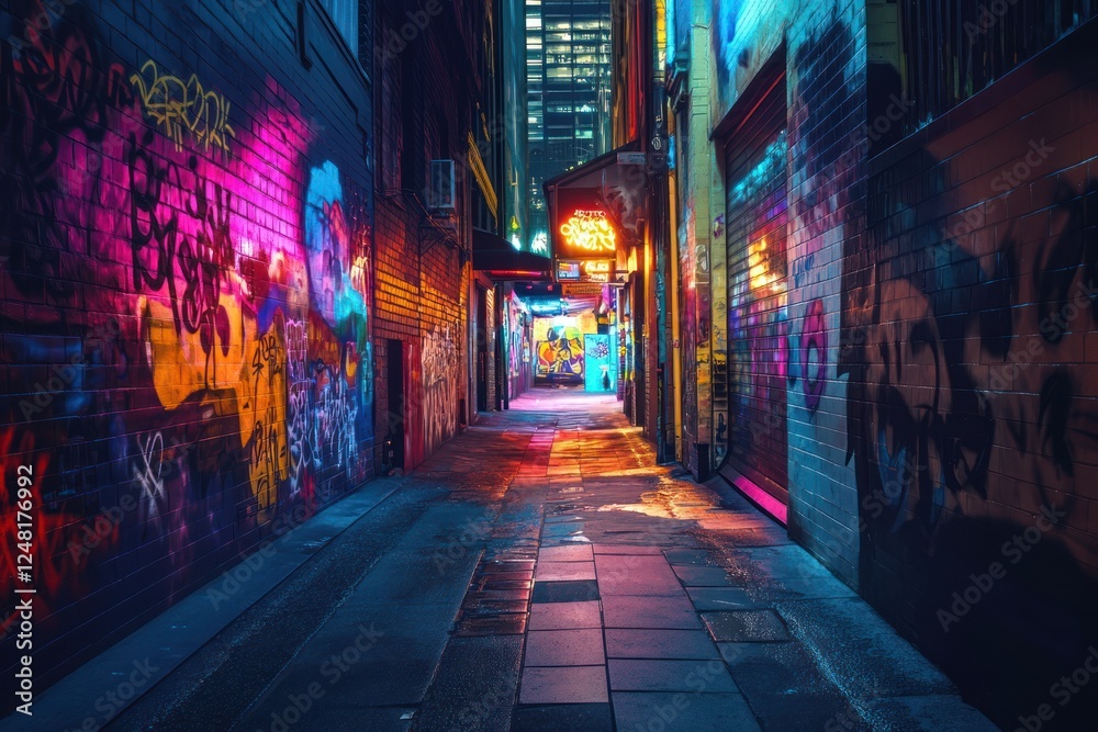Naklejka premium Neon-lit graffiti alley at night, city background; urban exploration