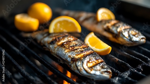 Obraz na płótnie Ocean bass fish grilled with wedges of citrus w salonie