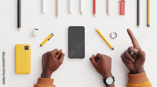 3D illustration set of hand gestures isolated on white background. African americal character holding smartphone, pencil, using smart ring, snapping fingers, pointing, making fist. 3D Illustration photo