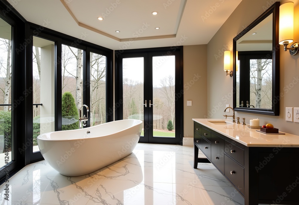 Fototapeta premium Spa-Inspired Bathroom: Luxurious Design with Large Windows, Bathtub, Black Frames, White Marble, Beige Walls, Vanity Table, and Reflective Mirror, Ideal for Relaxation