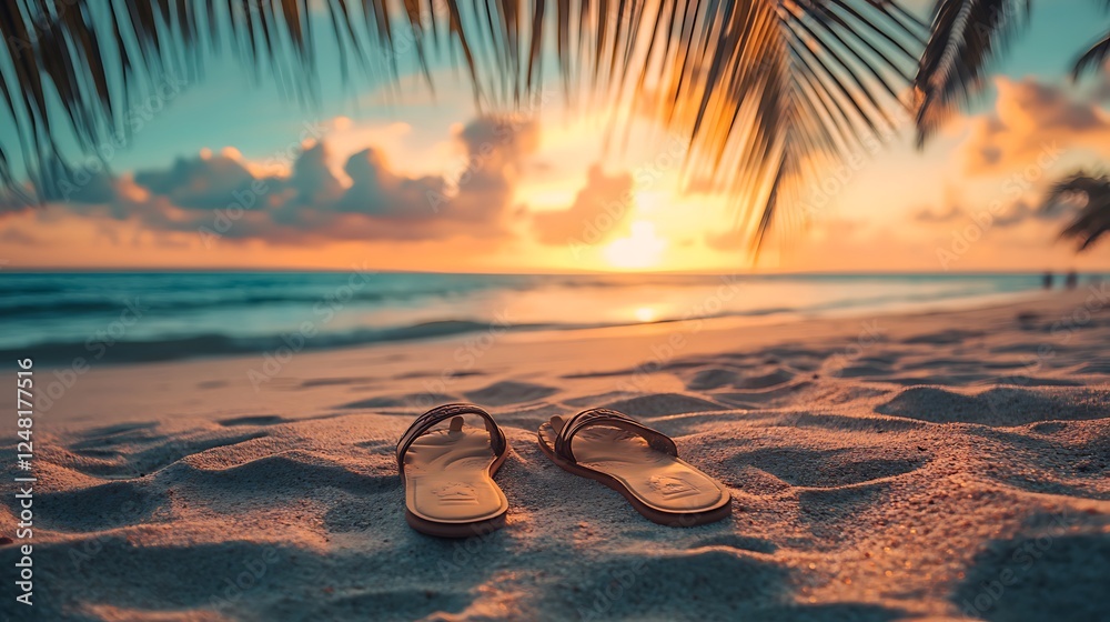 Old sandals on the sandy beach moody sky life on the beach waterfront isolated on a colorful background