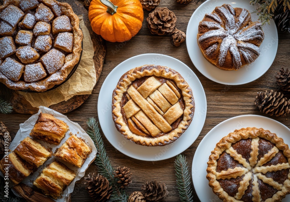 Assorted Autumn Desserts with Pumpkin, Cinnamon Buns, and Pecan Pie on Rustic Wooden Table Surrounded by Pinecones and Sprigs of Evergreen Assorted Autumn Desserts with Pumpkin, Cinnamon Buns, and Pecan Pie on Rustic Wooden Table Surrounded by Pinecones and Sprigs of Evergreen