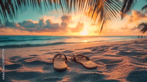 Obraz na płótnie Old sandals on the sandy beach moody sky life on the beach waterfront isolated on a colorful background w salonie
