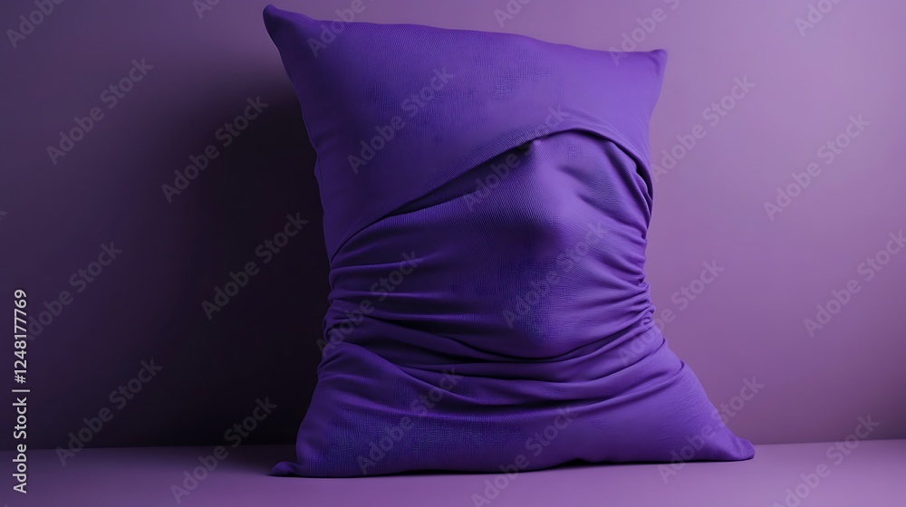 On a flat surface is a pillows sporting a purple face cover