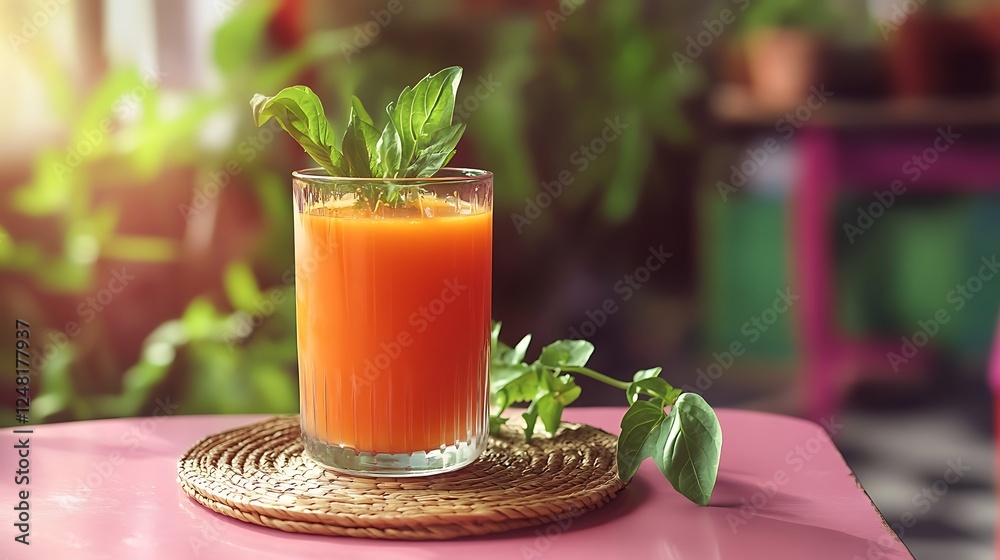 On a pink table is a nutritious vegetable juice in an ecologic rattan cup