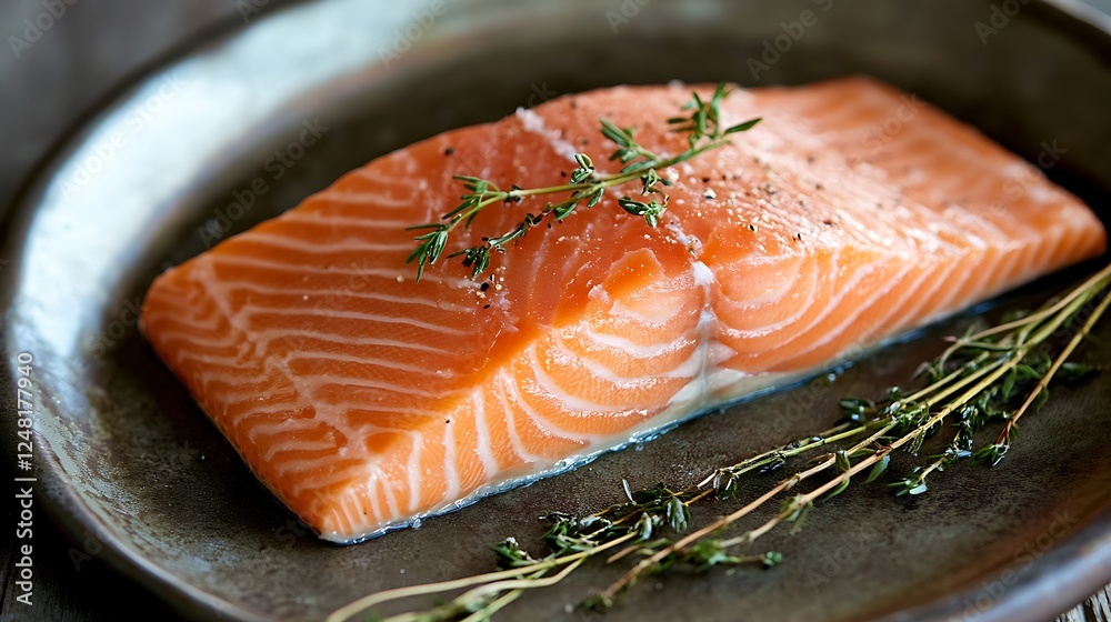 On a platter with stalks is a piece of roasted white salmon