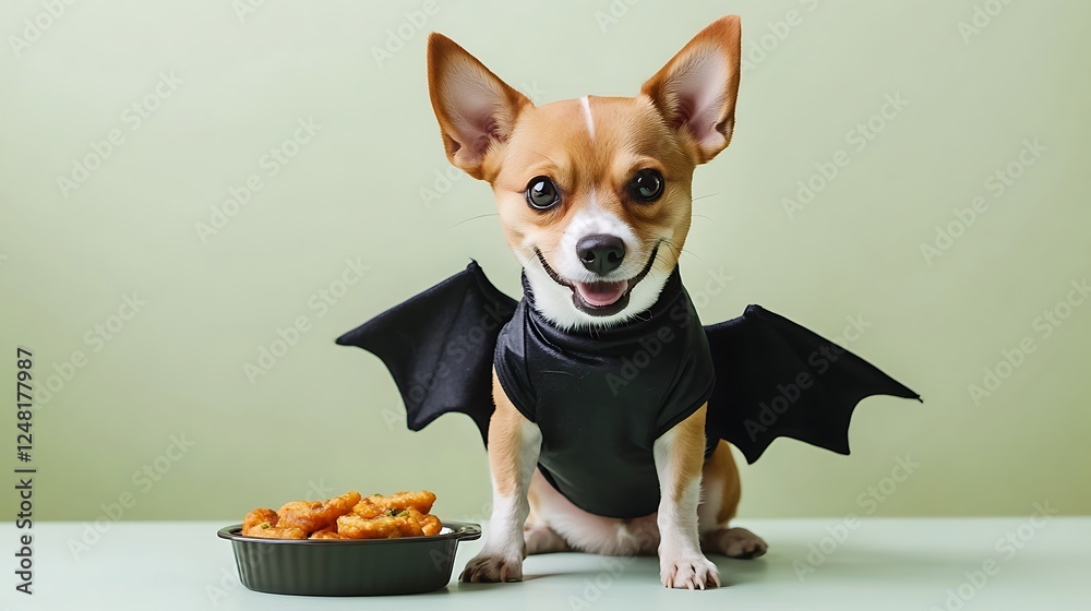 On a light green history an adorable dog wearing a bat costume sits next to a dish of food