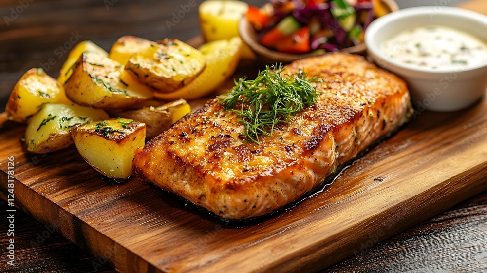On a wooden surface a fried salmon steak is served with potato and veggies