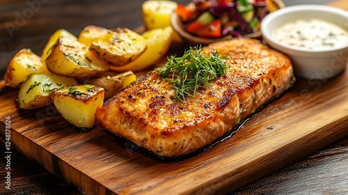 Obraz na płótnie On a wooden surface a fried salmon steak is served with potato and veggies w salonie