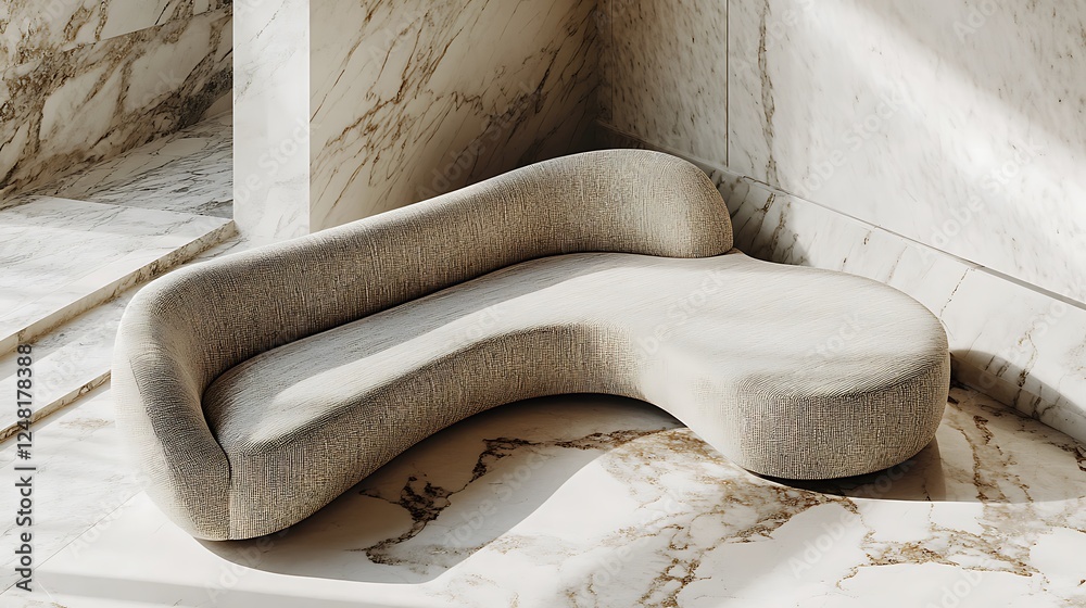 On the marble ground a chic lounge couch with a curving fabric shape radiates contemporary elegance