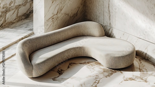 On the marble ground a chic lounge couch with a curving fabric shape radiates contemporary elegance