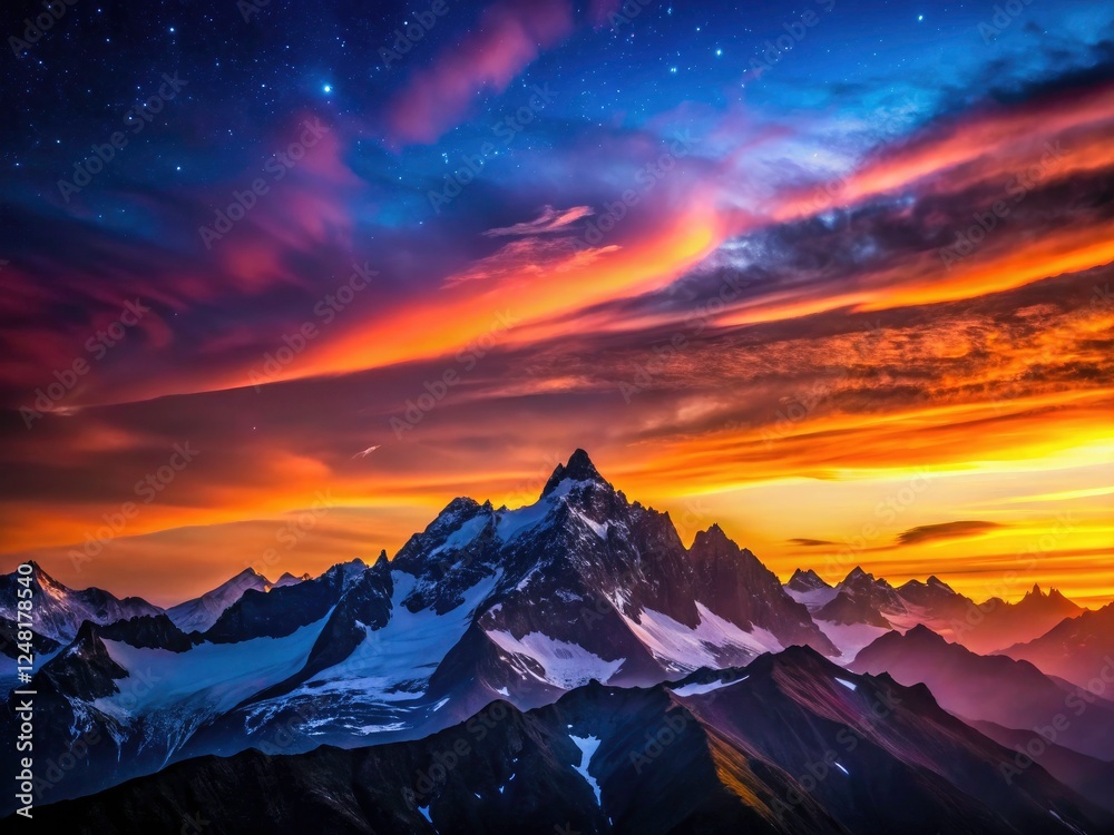 Obraz premium Majestic Pic du Midi silhouette against a fiery sunset, overlooking the star-studded Pyrenees.