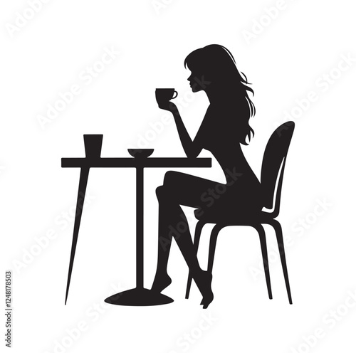 Woman sitting alone at table and drinking silhouette vector illustration