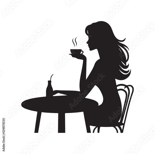 Woman sitting alone at table and drinking silhouette vector illustration